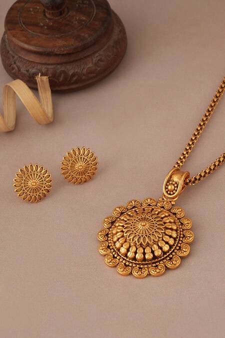 Shop_Smars Jewelry_Gold Plated Antique Floral Pendant Set _Online_at_Aza_Fashions
