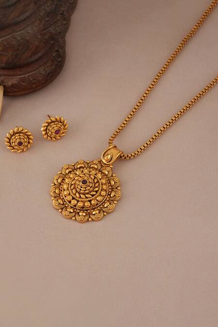 Buy_Smars Jewelry_Gold Plated Antique Floral Pendant Set_Online_at_Aza_Fashions