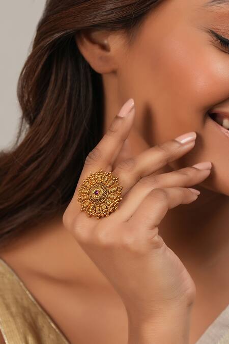 SMARS JEWELRY_Gold Plated Beads, Stones Antique Ruby Adjustable Ring_Online_at_Aza_Fashions