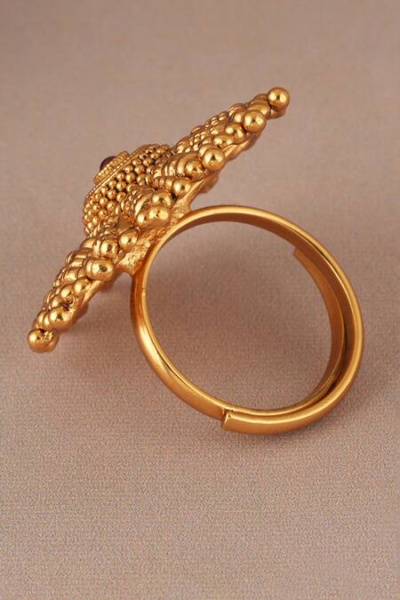 Shop_SMARS JEWELRY_Gold Plated Beads, Stones Antique Ruby Adjustable Ring_Online_at_Aza_Fashions