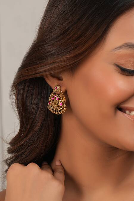 SMARS JEWELRY_Gold Plated Stones Antique Maa Lakshmi Ball Earrings_Online_at_Aza_Fashions