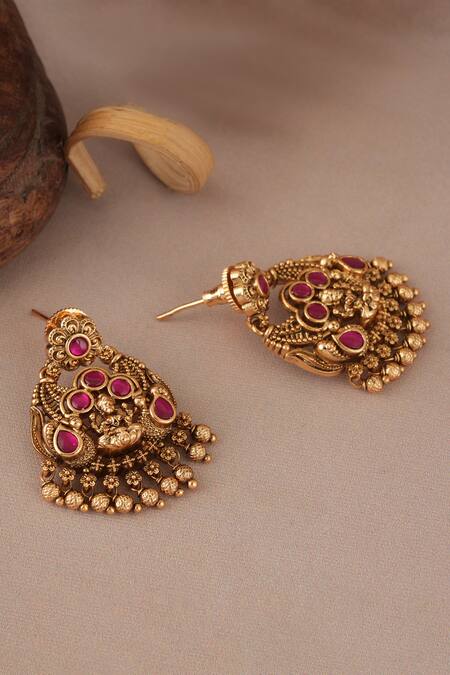 Buy_SMARS JEWELRY_Gold Plated Stones Antique Maa Lakshmi Ball Earrings_Online_at_Aza_Fashions
