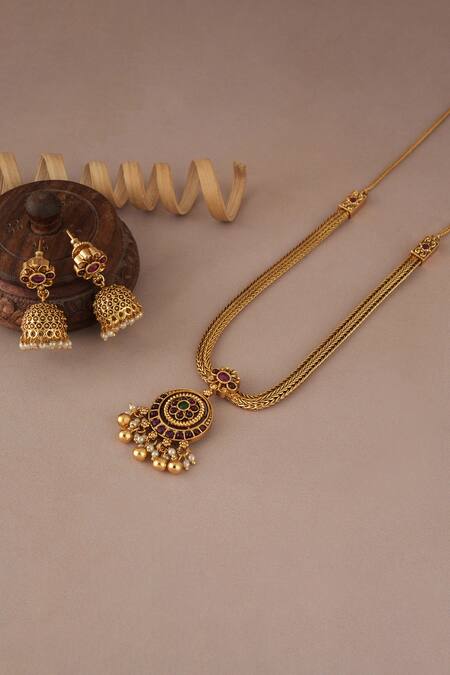 Shop SMARS JEWELRY Gold Plated Beads, Pearls Antique Multicolor Pendant Set Online at Aza Fashions Shop_SMARS JEWELRY_Gold Plated Beads, Pearls Antique Multicolor Pendant Set_Online_at_Aza_Fashions