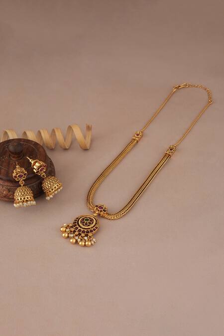 Shop SMARS JEWELRY Gold Plated Beads, Pearls Antique Multicolor Pendant Set at Aza Fashions Shop_SMARS JEWELRY_Gold Plated Beads, Pearls Antique Multicolor Pendant Set_at_Aza_Fashions