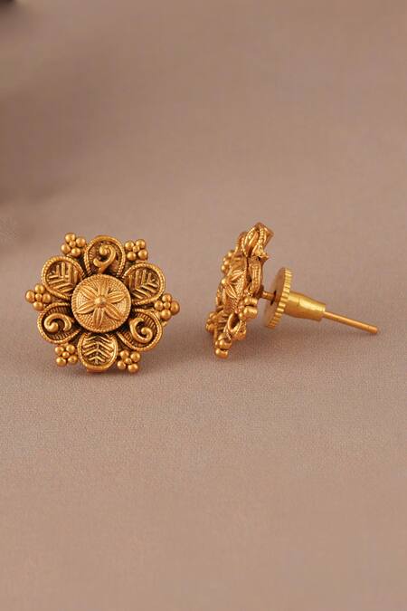 Smars Jewelry_Gold Plated Antique Floral Pendant And Earring Set_Online_at_Aza_Fashions