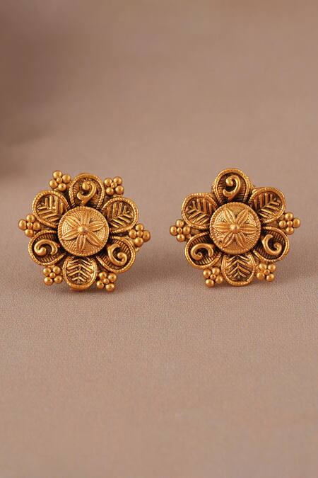 Buy_Smars Jewelry_Gold Plated Antique Floral Pendant And Earring Set_Online_at_Aza_Fashions