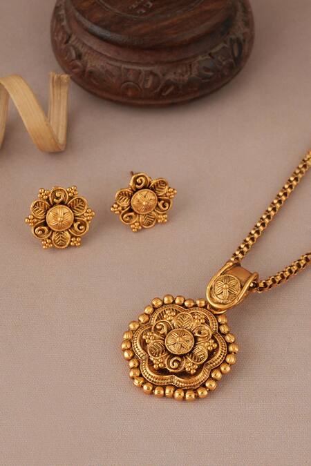 Shop_Smars Jewelry_Gold Plated Antique Floral Pendant And Earring Set_Online_at_Aza_Fashions
