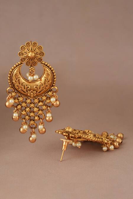 Smars Jewelry_Gold Plated Pearls Long Drop Antique Earrings _Online_at_Aza_Fashions