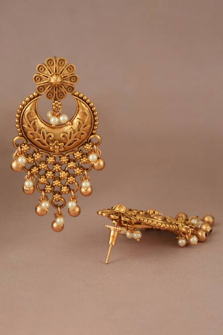Buy_Smars Jewelry_Gold Plated Pearls Long Drop Antique Earrings _Online_at_Aza_Fashions