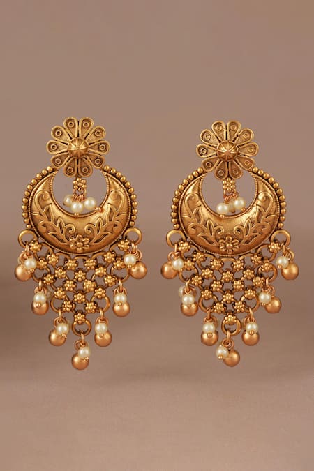 Smars Jewelry Long Pearl Drop Antique Gold Earrings 