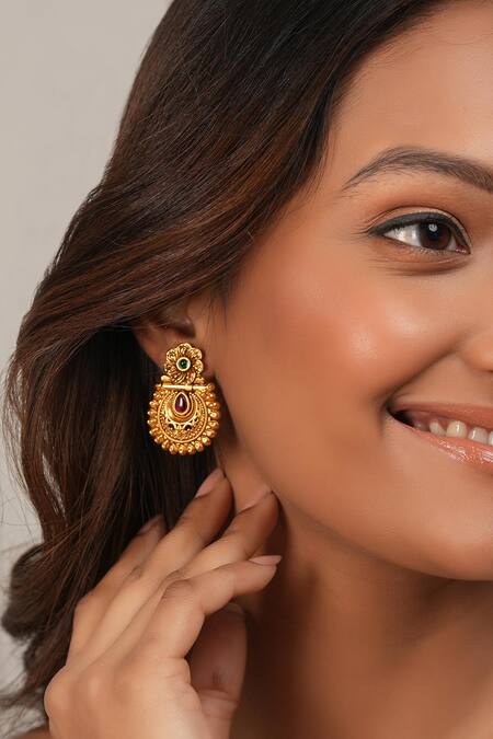 Smars Jewelry_Gold Plated Stones Handcrafted Dangler Earrings_Online_at_Aza_Fashions