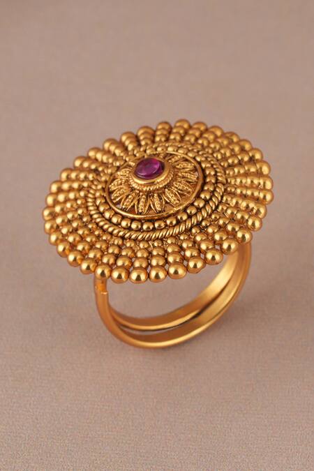 Smars Jewelry_Gold Plated Beads, Stones Antique Ruby Spiral Ring_Online_at_Aza_Fashions