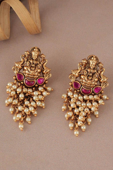 Smars Jewelry Maa Lakshmi Pearl Drop Antique Gold Earrings 