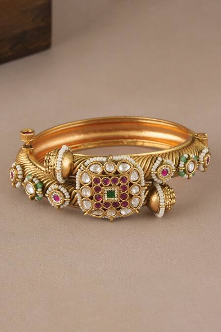Smars Jewelry Gold Plated Pearls, Stones Antique Kundan Multicolor Kada Bangle Online at Aza Fashions Smars Jewelry_Gold Plated Pearls, Stones Antique Kundan Multicolor Kada Bangle_Online_at_Aza_Fashions