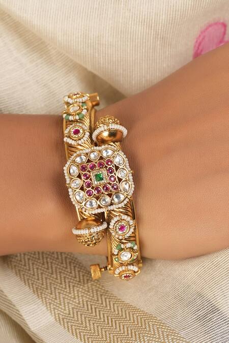 Buy Smars Jewelry Gold Plated Pearls, Stones Antique Kundan Multicolor Kada Bangle Online at Aza Fashions Buy_Smars Jewelry_Gold Plated Pearls, Stones Antique Kundan Multicolor Kada Bangle_Online_at_Aza_Fashions