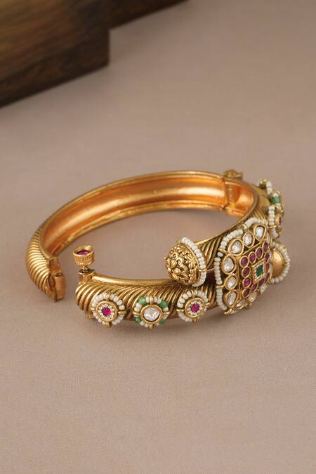 Shop Smars Jewelry Gold Plated Pearls, Stones Antique Kundan Multicolor Kada Bangle Online at Aza Fashions Shop_Smars Jewelry_Gold Plated Pearls, Stones Antique Kundan Multicolor Kada Bangle_Online_at_Aza_Fashions