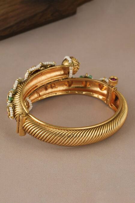 Smars Jewelry Gold Plated Pearls, Stones Antique Kundan Multicolor Kada Bangle at Aza Fashions Smars Jewelry_Gold Plated Pearls, Stones Antique Kundan Multicolor Kada Bangle_at_Aza_Fashions