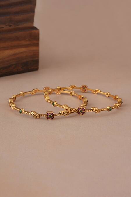 Smars Jewelry_Gold Plated Stones Antique Bangle Set_Online_at_Aza_Fashions