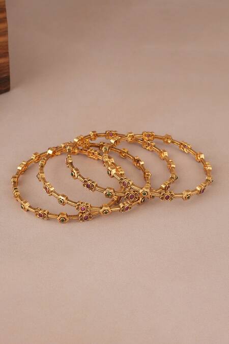 Shop SMARS JEWELRY Gold Plated Stones Antique Multicolor Bangle Set at Aza Fashions Shop_SMARS JEWELRY_Gold Plated Stones Antique Multicolor Bangle Set_at_Aza_Fashions