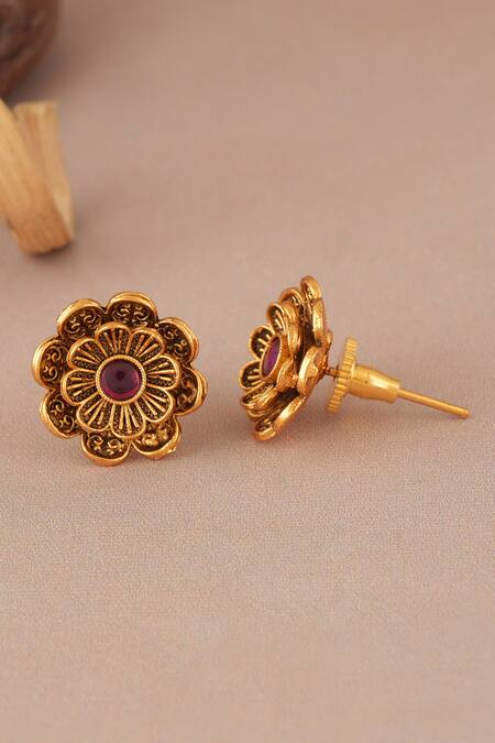 Buy_Smars Jewelry_Gold Plated Stones Antique Floral Layer Set_Online_at_Aza_Fashions