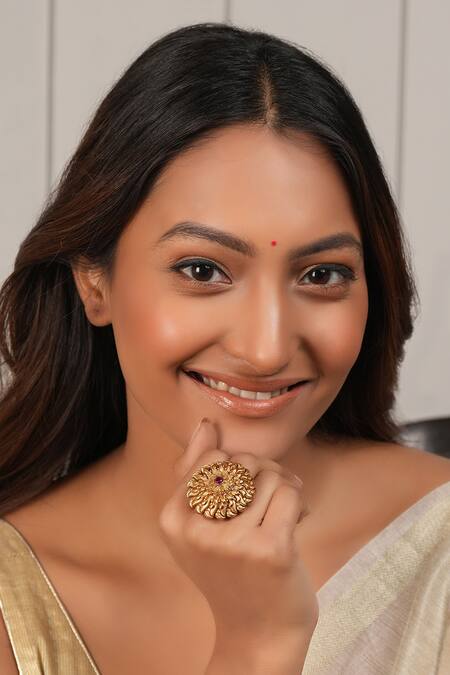 Smars Jewelry_Gold Plated Stones Antique Carved Ruby Ring _Online_at_Aza_Fashions