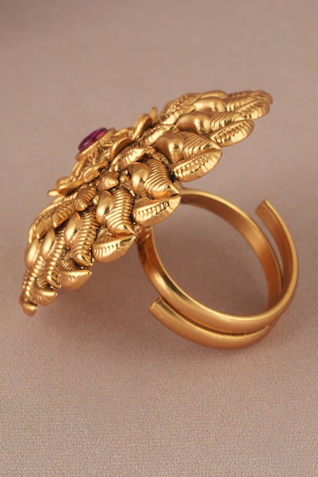Buy_Smars Jewelry_Gold Plated Stones Antique Carved Ruby Ring _Online_at_Aza_Fashions