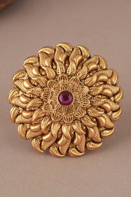 Smars Jewelry Antique Gold Carved Ruby Stone Ring 