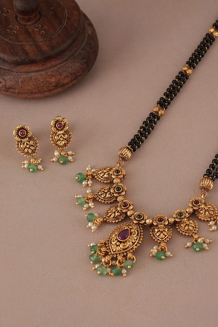 Smars Jewelry_Gold Plated Pearls, Stones Antique Mangalsutra Set _Online_at_Aza_Fashions