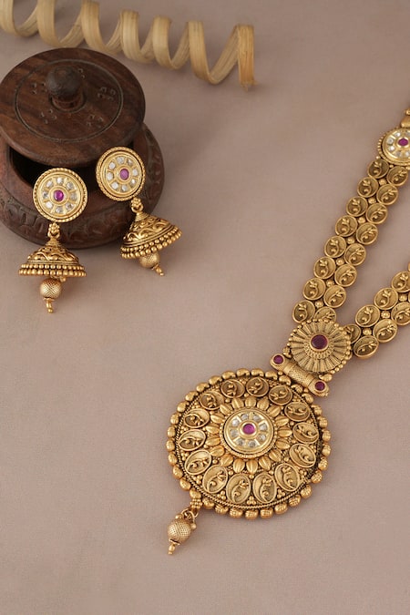 Smars Jewelry_Gold Plated Stones Kundan Ruby Necklace And Jhumka Earring Set_Online_at_Aza_Fashions