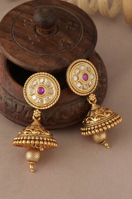 Buy_Smars Jewelry_Gold Plated Stones Kundan Ruby Necklace And Jhumka Earring Set_Online_at_Aza_Fashions