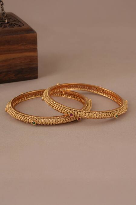 SMARS JEWELRY_Gold Plated Stones Antique Bangle Set_Online_at_Aza_Fashions
