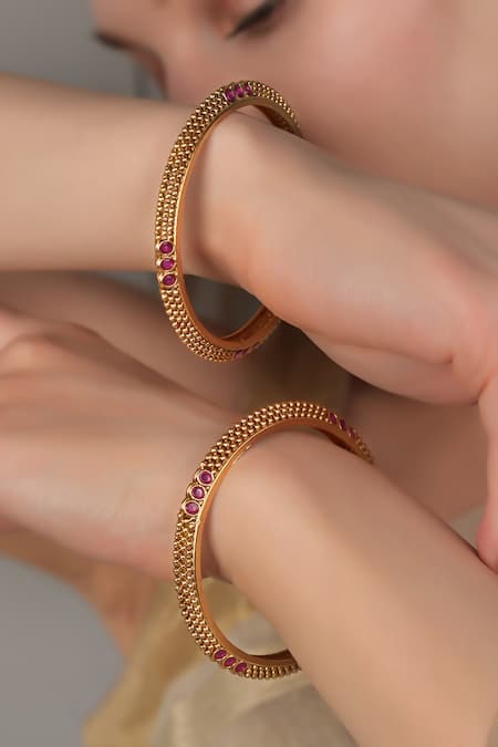 SMARS JEWELRY_Gold Plated Stones Antique Ruby Bangle Set_Online_at_Aza_Fashions