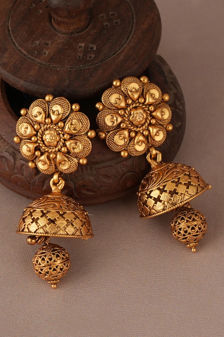 Shop_Smars Jewelry_Gold Plated Antique Necklace Set With Jhumka Earrings_Online_at_Aza_Fashions