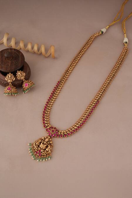 Shop Smars Jewelry Gold Plated Stones, Beads Antique Maa Lakshmi Necklace Set at Aza Fashions Shop_Smars Jewelry_Gold Plated Stones, Beads Antique Maa Lakshmi Necklace Set_at_Aza_Fashions