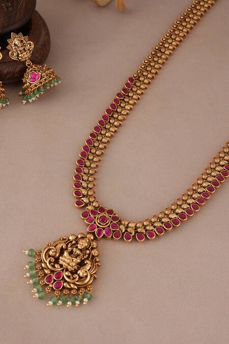 Shop Smars Jewelry Gold Plated Stones, Beads Antique Maa Lakshmi Necklace Set Online at Aza Fashions Shop_Smars Jewelry_Gold Plated Stones, Beads Antique Maa Lakshmi Necklace Set_Online_at_Aza_Fashions