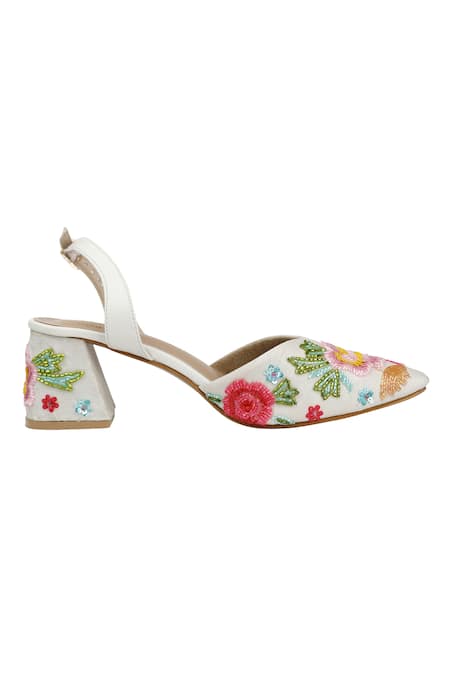 Sole Mates by Palak_White Embroidery, Beads Floral Heels _Online_at_Aza_Fashions