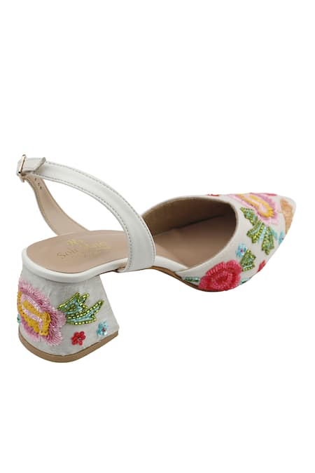 Buy_Sole Mates by Palak_White Embroidery, Beads Floral Heels _Online_at_Aza_Fashions