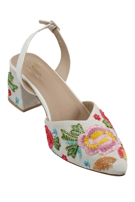 Shop_Sole Mates by Palak_White Embroidery, Beads Floral Heels _Online_at_Aza_Fashions