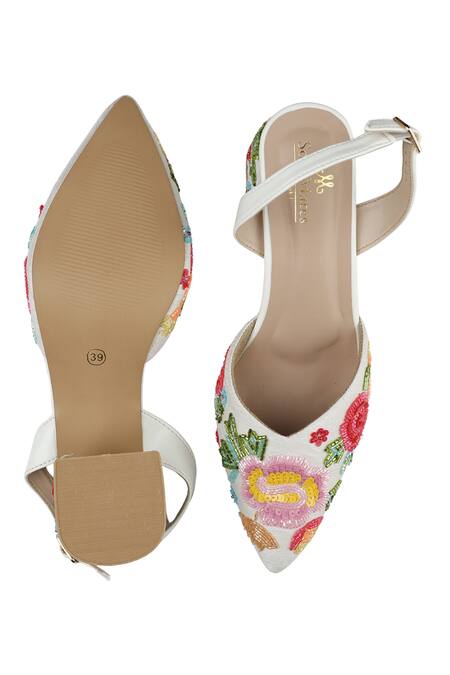 Sole Mates by Palak_White Embroidery, Beads Floral Heels _at_Aza_Fashions