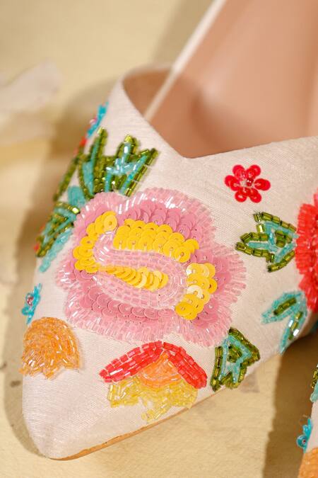 Buy_Sole Mates by Palak_White Embroidery, Beads Floral Heels 