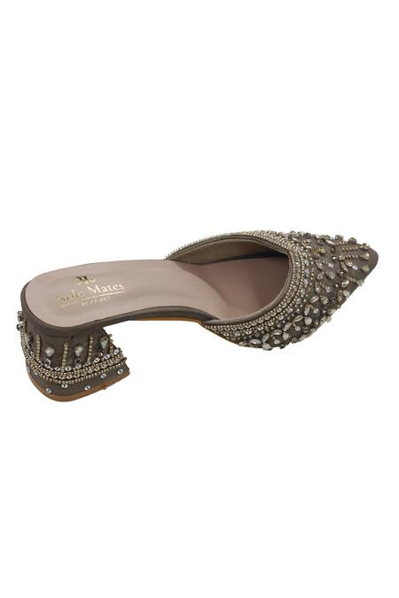 Buy_Sole Mates by Palak_Beige Crystals, Beads, Sequins Designer Handcrafted Mule Heels _Online_at_Aza_Fashions