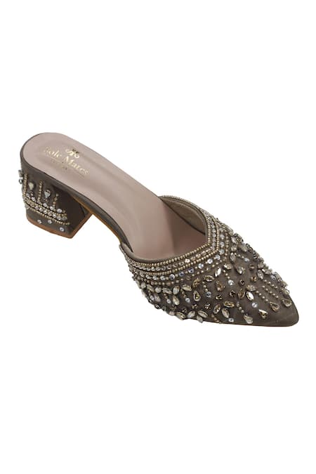 Shop_Sole Mates by Palak_Beige Crystals, Beads, Sequins Designer Handcrafted Mule Heels _Online_at_Aza_Fashions