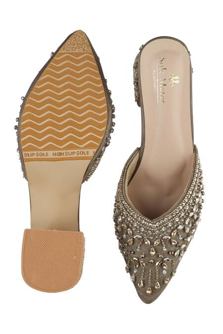 Sole Mates by Palak_Beige Crystals, Beads, Sequins Designer Handcrafted Mule Heels _at_Aza_Fashions