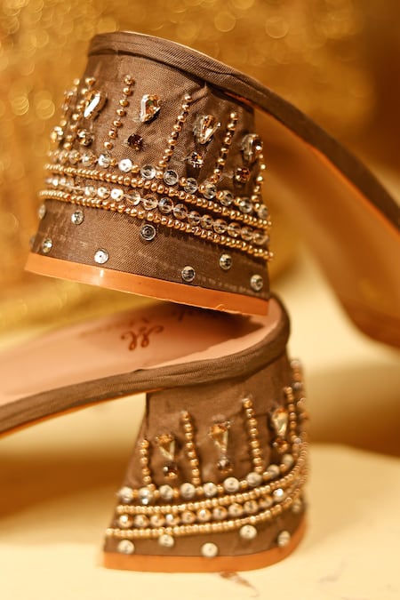 Buy_Sole Mates by Palak_Beige Crystals, Beads, Sequins Designer Handcrafted Mule Heels 