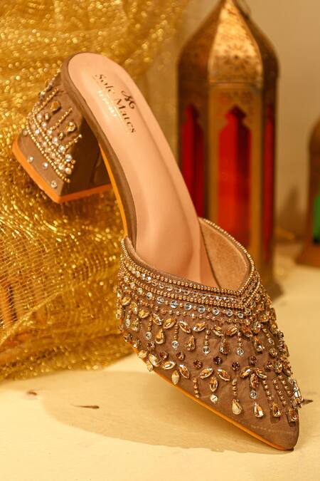 Shop_Sole Mates by Palak_Beige Crystals, Beads, Sequins Designer Handcrafted Mule Heels 