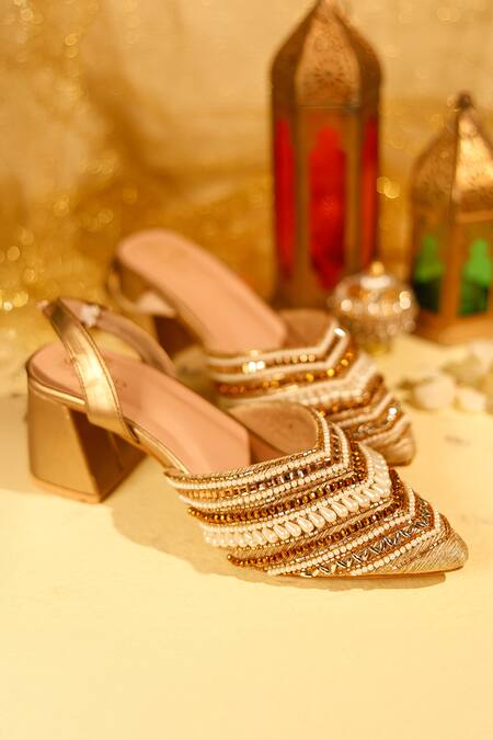 Shop Sole Mates by Palak Gold Crystals, Pearls, Sequins, Mirrors Sultana White And Heels at Aza Fashions Shop_Sole Mates by Palak_Gold Crystals, Pearls, Sequins, Mirrors Sultana White And Heels_at_Aza_Fashions