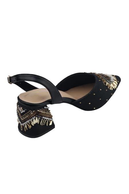 Sole Mates by Palak_Black Tassels, Embroidery Floral Heels _Online_at_Aza_Fashions