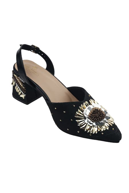 Shop_Sole Mates by Palak_Black Tassels, Embroidery Floral Heels _Online_at_Aza_Fashions