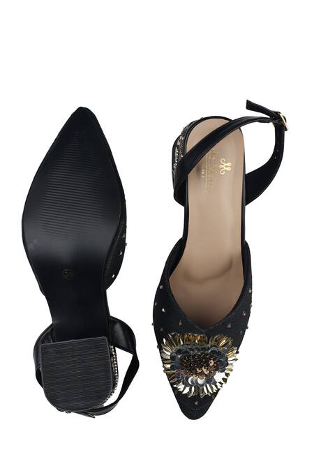 Sole Mates by Palak_Black Tassels, Embroidery Floral Heels _at_Aza_Fashions