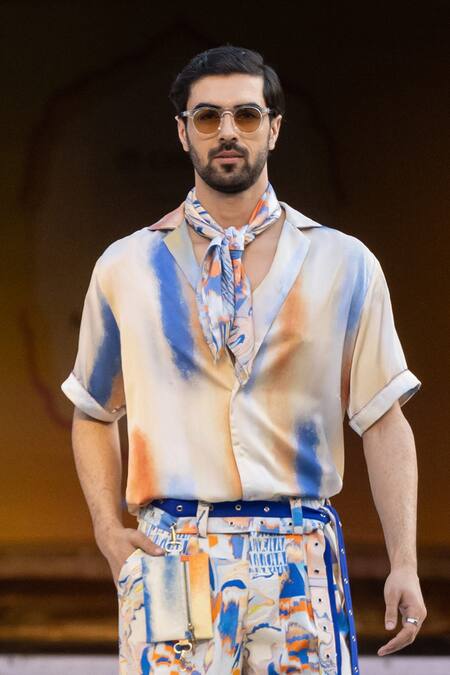 Mandira Wirk Resort_Multi Color Denim Printed Twill Trouser _Online_at_Aza_Fashions